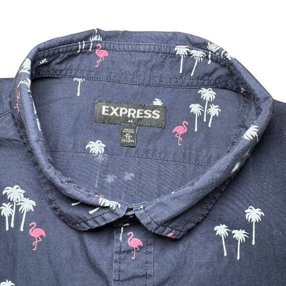 Express Men’s Short Sleeve Button Down Hawaiian Shirt Blue W/ Flamingos Size XL - Picture 2 of 6
